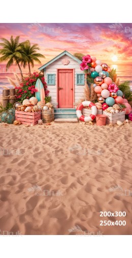 Tło fotograficzne „Kolorowa chatka na plaży o zachodzie słońca z balonami i muszlami” | 4040